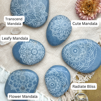 Soothing Angelite Palmstone Etched with Mandala, Henna, Or Sacred Geometry