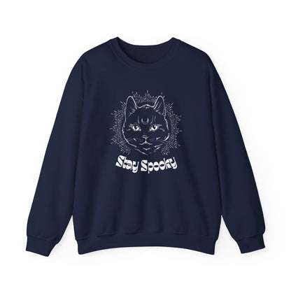 Stay Spooky Cat Sweatshirt Funky Font – Halloween Black Cat Graphic Crewneck