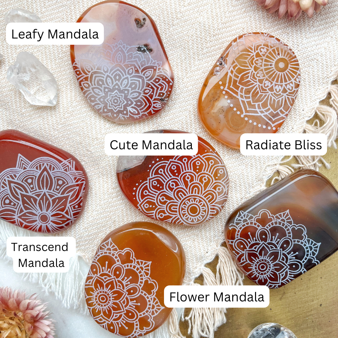 Carnelian Agate Pocket Stone Etched with Mandalas