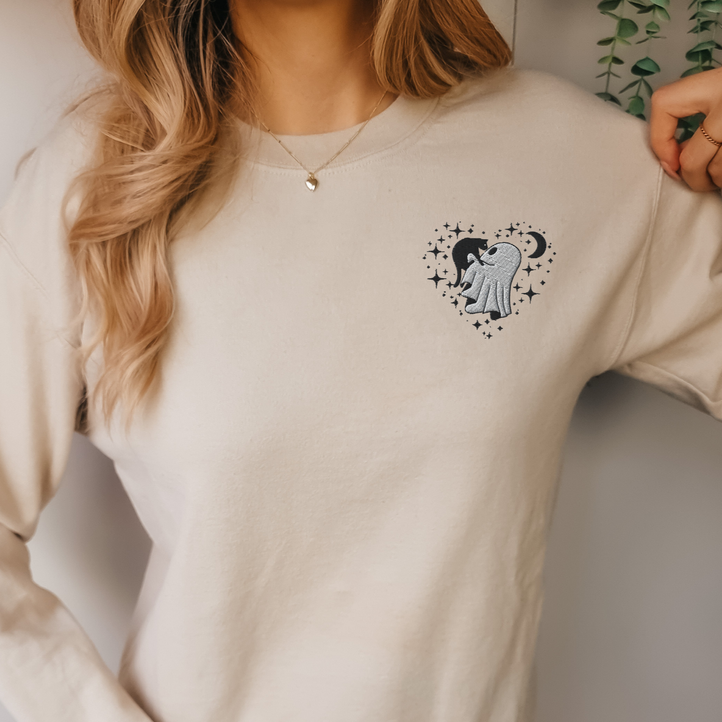 "Ghost Loves Kitty" Embroidered Spooky Halloween Cat Crewneck Sweatshirt