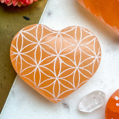 Reiki-Charged Engraved White or Peach Selenite Heart Palm Stone *Buy 3 Get 1 Free + BONUS Meditation*