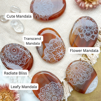 Carnelian Agate Worry Stone Etched with Various Mandalas