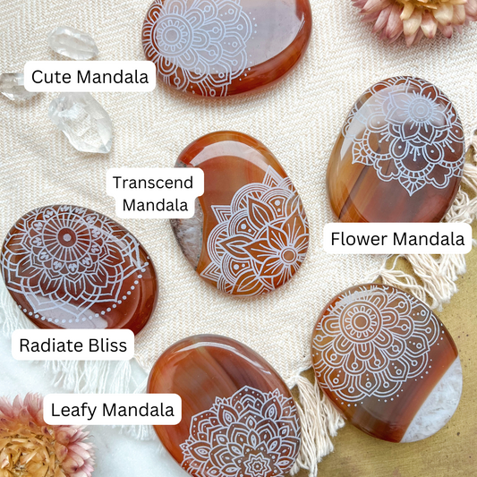 Carnelian Agate Worry Stone Etched with Various Mandalas