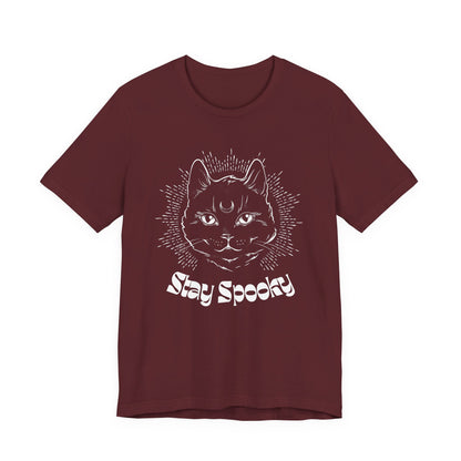 "Stay Spooky" Funky Font Midnight Familiar Black Cat Unisex Jersey Short Sleeve Tee