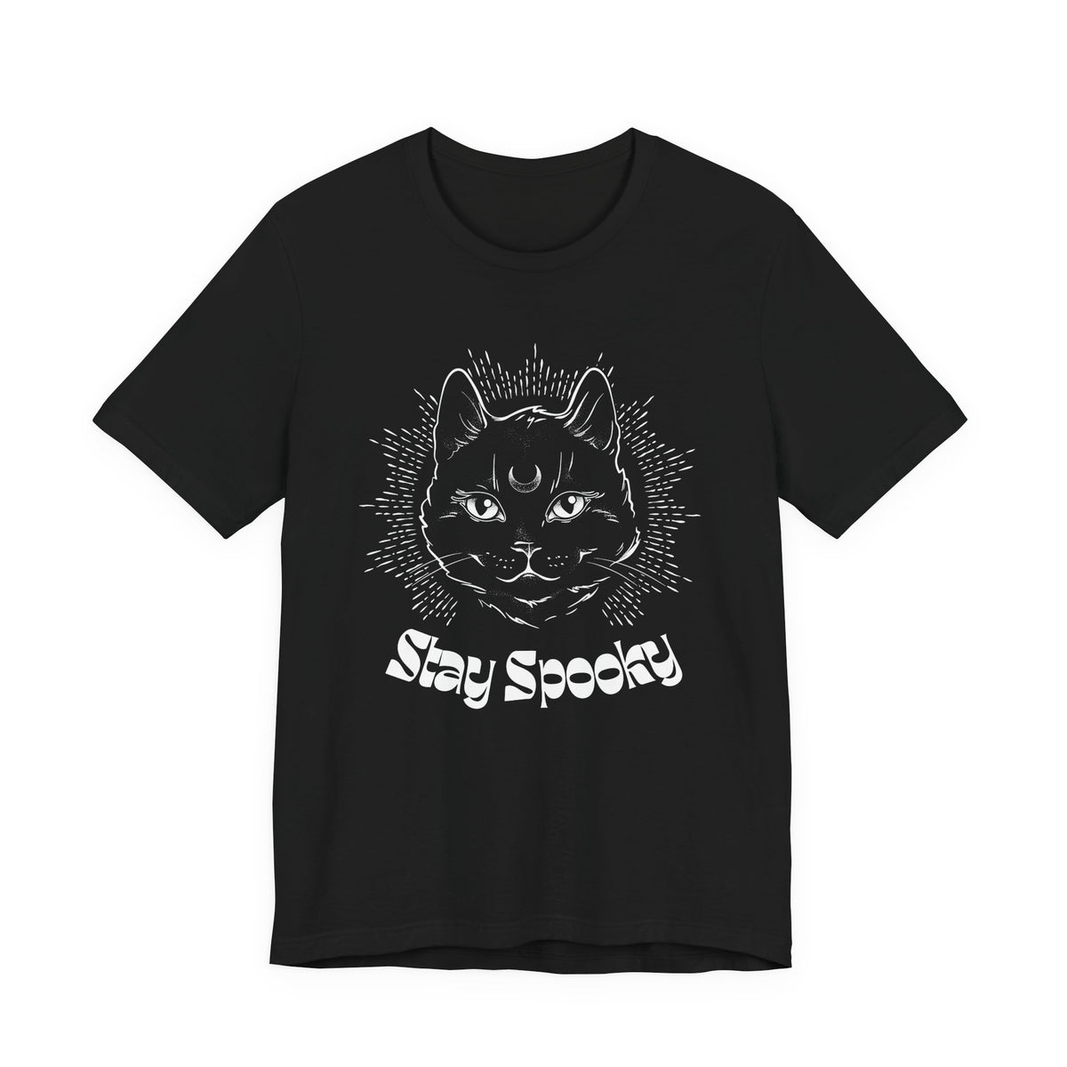 "Stay Spooky" Funky Font Midnight Familiar Black Cat Unisex Jersey Short Sleeve Tee