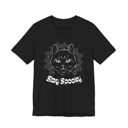 "Stay Spooky" Funky Font Midnight Familiar Black Cat Unisex Jersey Short Sleeve Tee