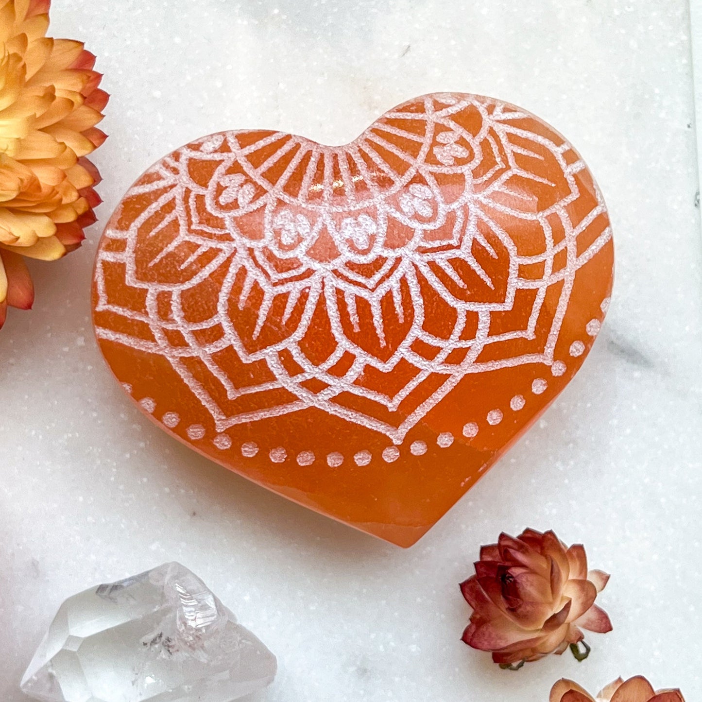 Reiki-Charged Engraved White or Peach Selenite Heart Palm Stone *Buy 3 Get 1 Free + BONUS Meditation*