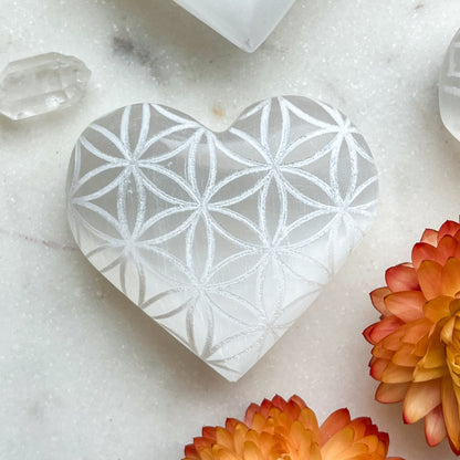 Reiki-Charged Engraved White or Peach Selenite Heart Palm Stone *Buy 3 Get 1 Free + BONUS Meditation*