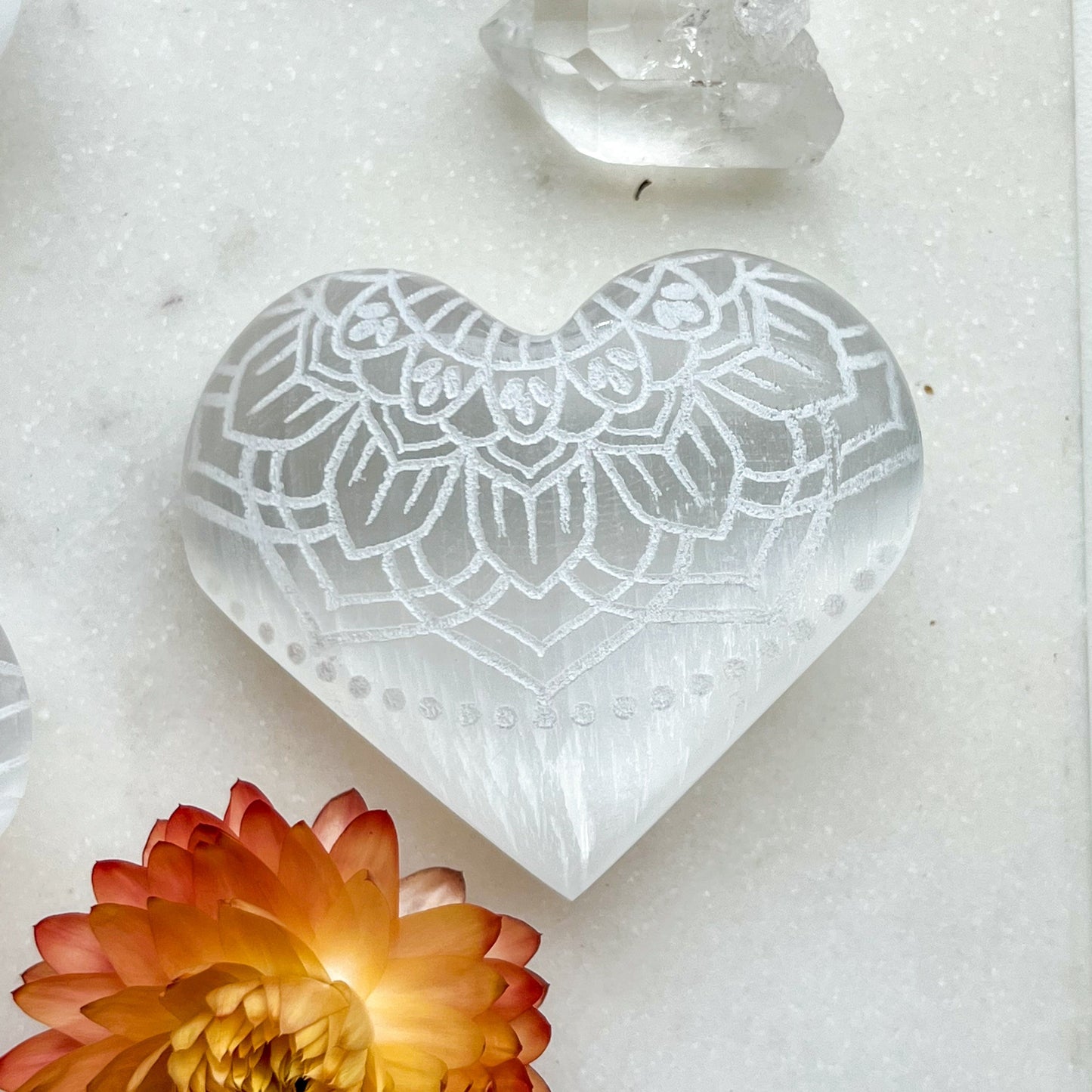 Reiki-Charged Engraved White or Peach Selenite Heart Palm Stone *Buy 3 Get 1 Free + BONUS Meditation*