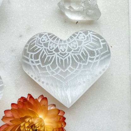 Reiki-Charged Engraved White or Peach Selenite Heart Palm Stone *Buy 3 Get 1 Free + BONUS Meditation*