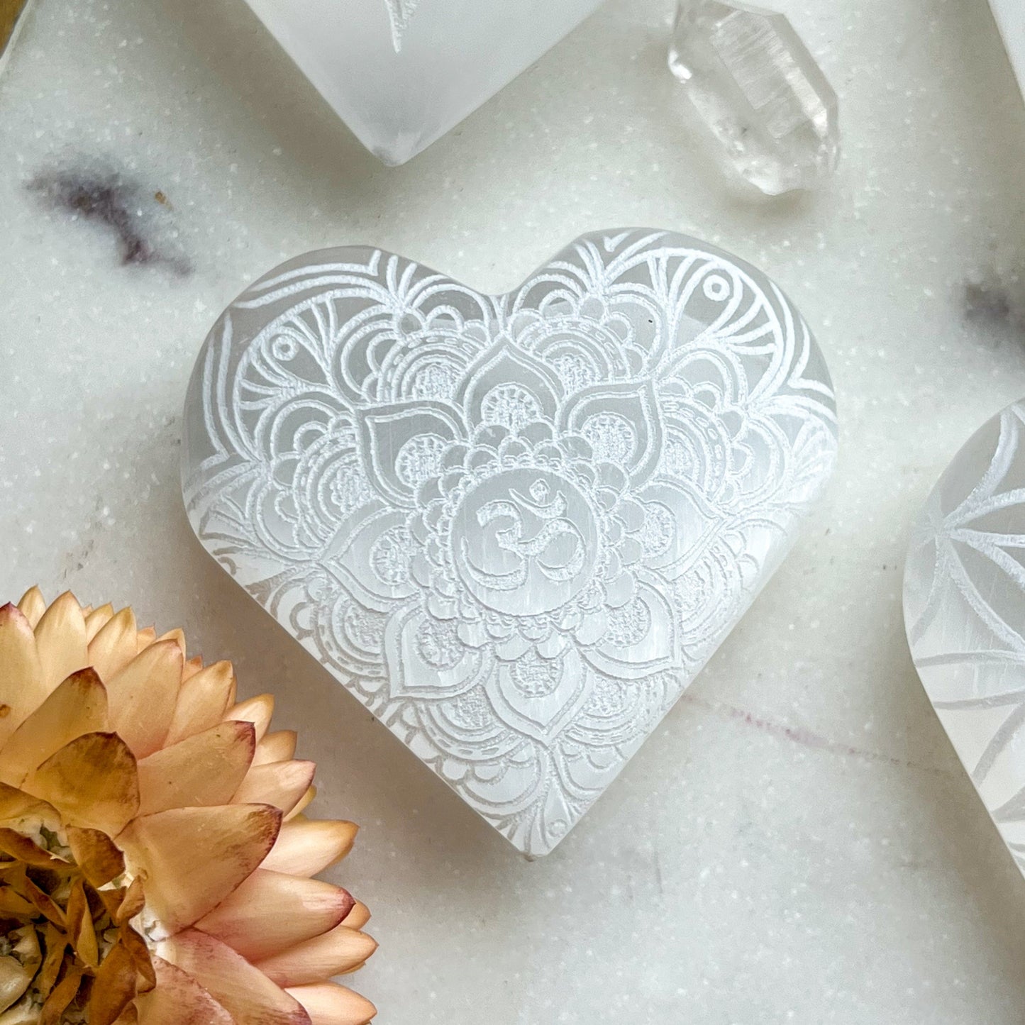 Reiki-Charged Engraved White or Peach Selenite Heart Palm Stone *Buy 3 Get 1 Free + BONUS Meditation*