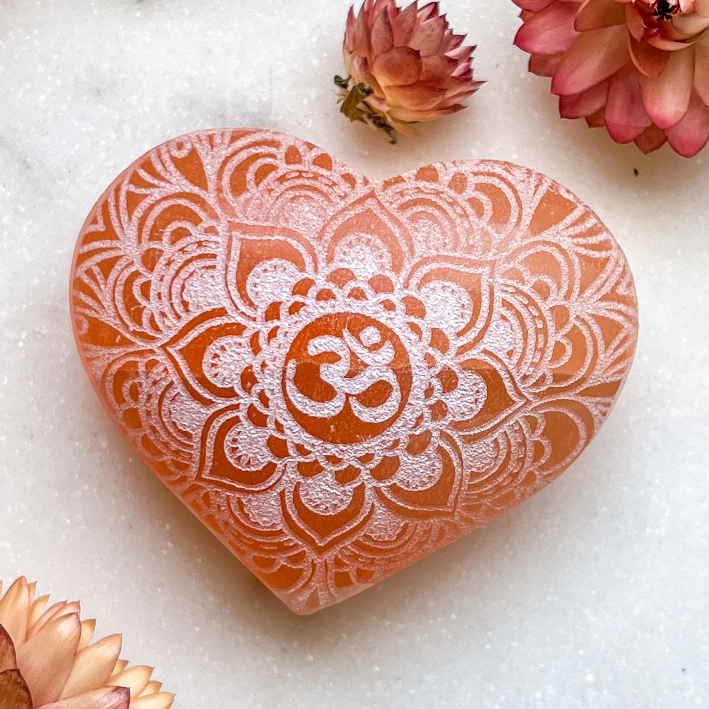 Reiki-Charged Engraved White or Peach Selenite Heart Palm Stone *Buy 3 Get 1 Free + BONUS Meditation*