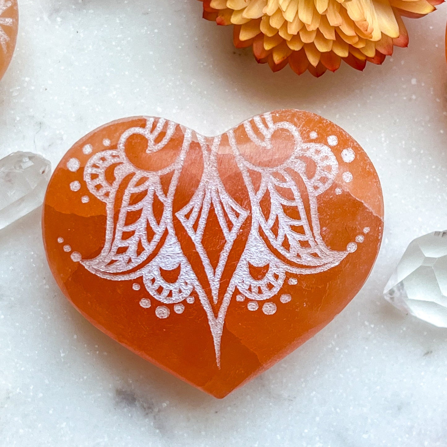 Reiki-Charged Engraved White or Peach Selenite Heart Palm Stone *Buy 3 Get 1 Free + BONUS Meditation*