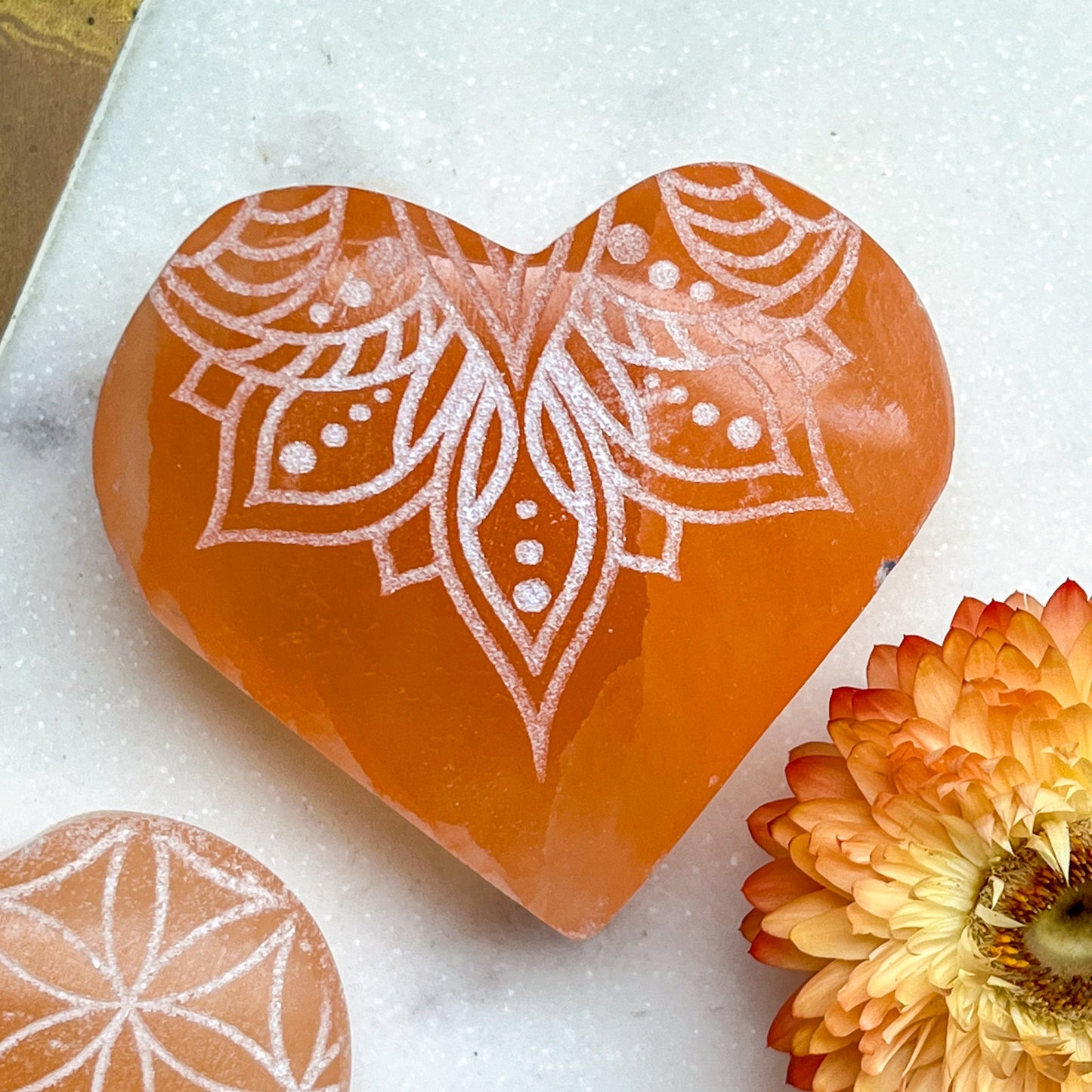 Reiki-Charged Engraved White or Peach Selenite Heart Palm Stone *Buy 3 Get 1 Free + BONUS Meditation*