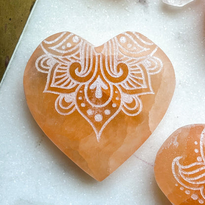 Reiki-Charged Engraved White or Peach Selenite Heart Palm Stone *Buy 3 Get 1 Free + BONUS Meditation*