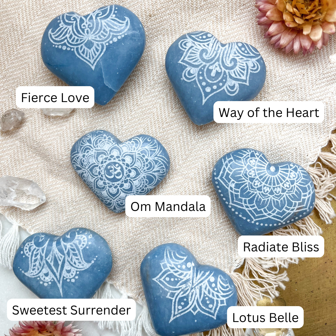 Soothing Angelite Heart Palmstone Etched with Mandala