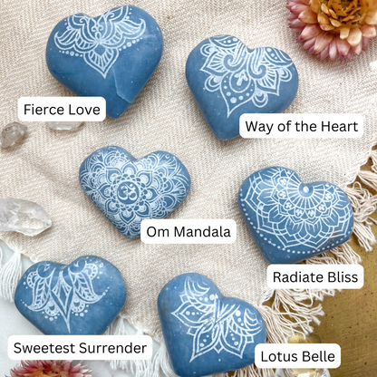 Soothing Angelite Heart Palmstone Etched with Mandala