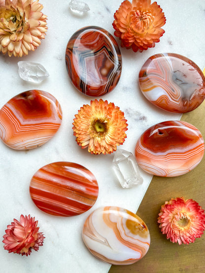 Carnelian Agate Worry Stone Etched with Various Mandalas