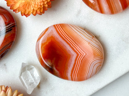 Carnelian Agate Worry Stone Etched with Various Mandalas