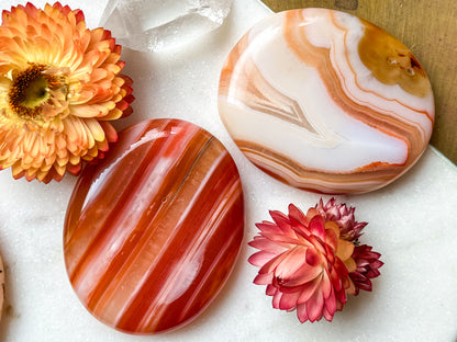 Carnelian Agate Worry Stone Etched with Various Mandalas