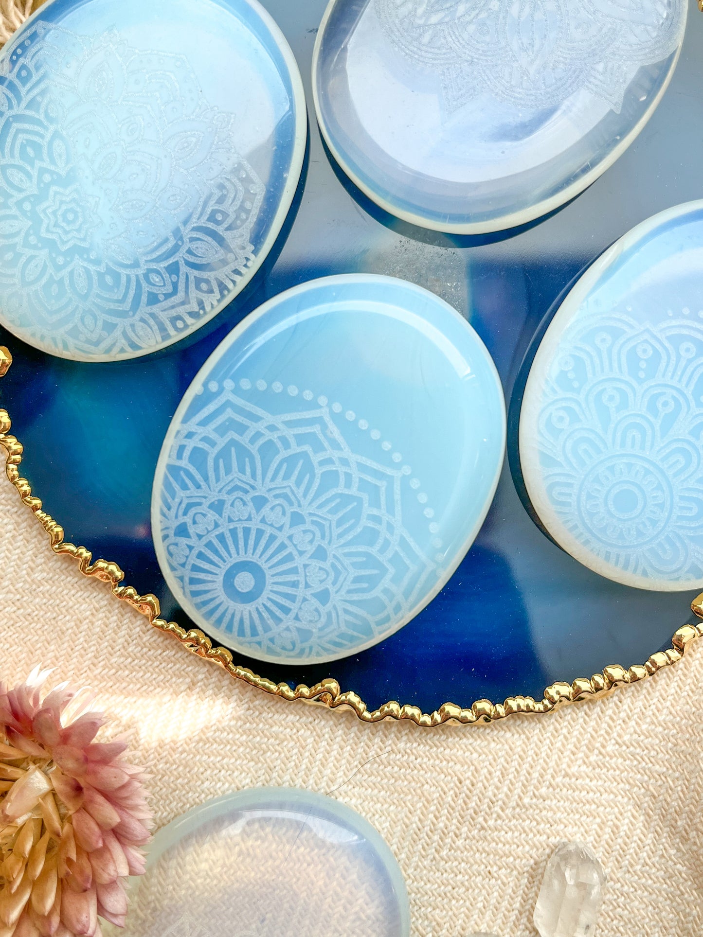 Opalite Worry Stone Etched with Mandala