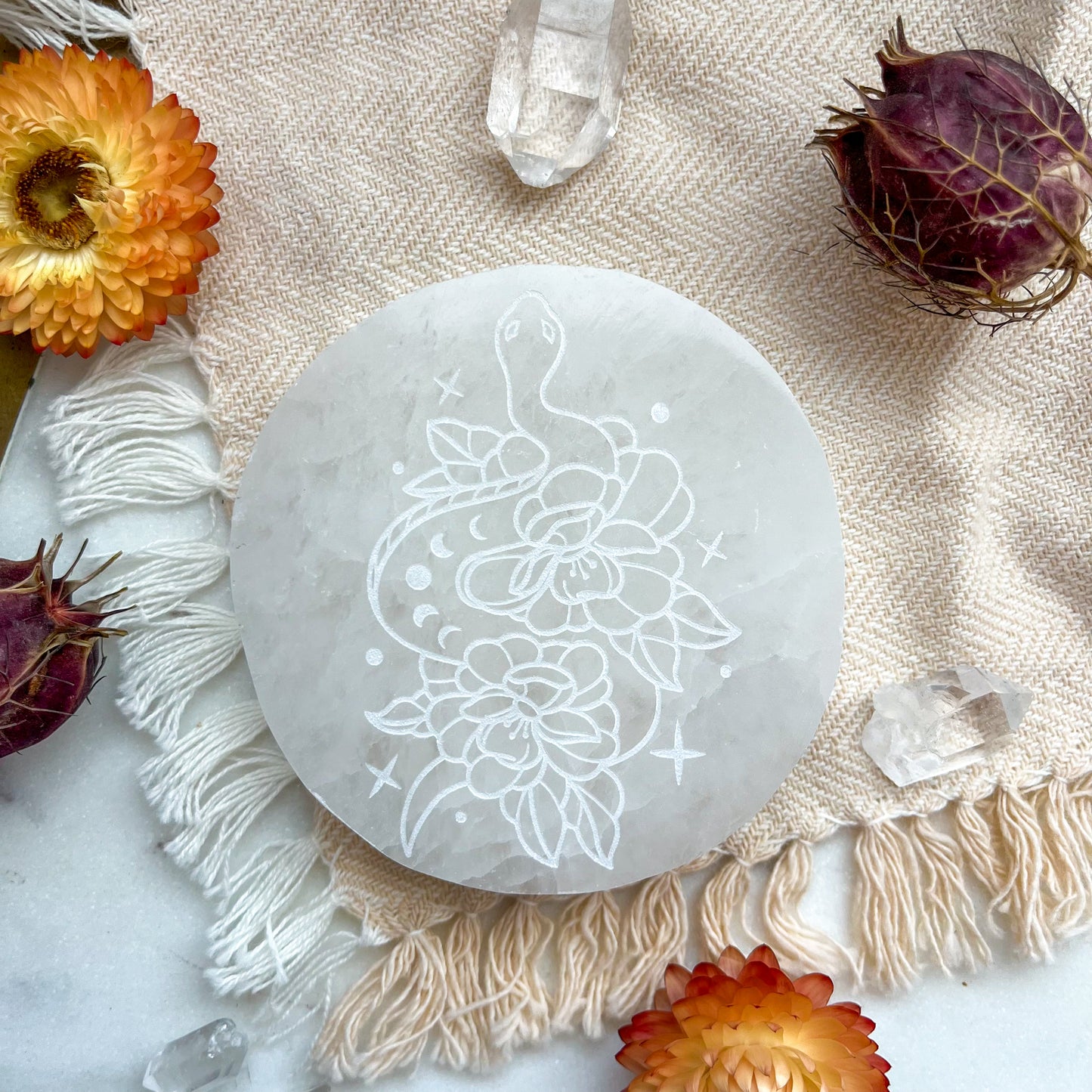 "Celestial Snake" PEACH or WHITE Selenite Crystal Disk Home Decor