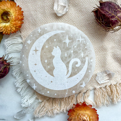 "Moon Cat" PEACH or WHITE Selenite Crystal Disk Home Decor