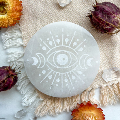 "Evil Eye" PEACH or WHITE Selenite Crystal Disk Home Decor