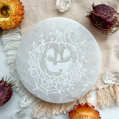 "Floral Jack" PEACH or WHITE Selenite Crystal Disk Pumpkin Jack-o-lantern Halloween Home Decor