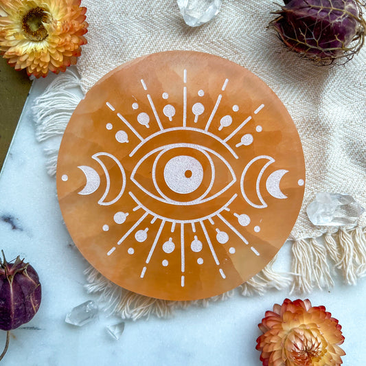 "Evil Eye" PEACH or WHITE Selenite Crystal Disk Home Decor