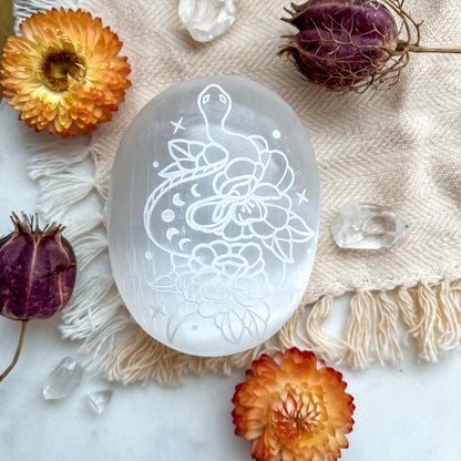 "Celestial Snake" Halloween Spooky Etched Selenite Meditation Palm Stone