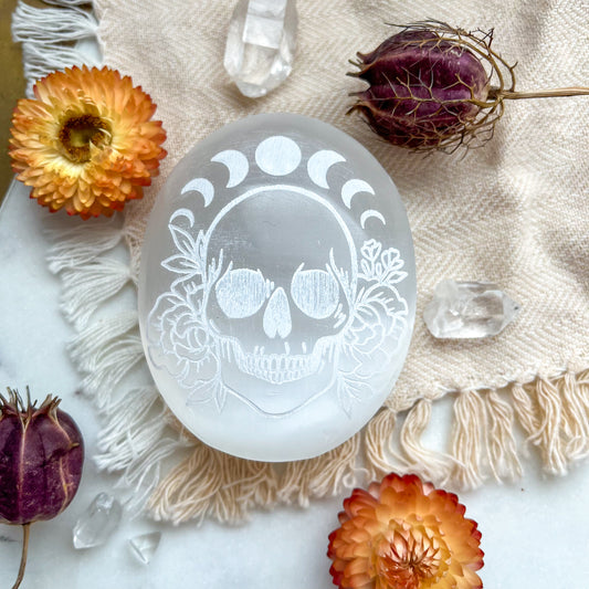 "Floral Skull" Halloween Spooky Etched Selenite Meditation Palm Stone