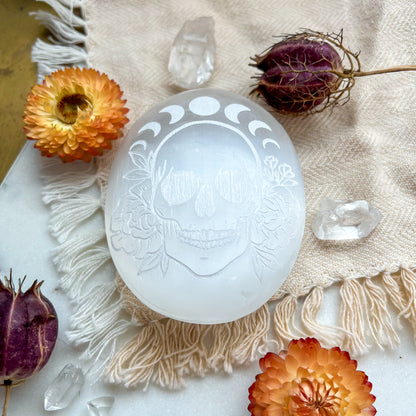 "Floral Skull" Halloween Spooky Etched Selenite Meditation Palm Stone