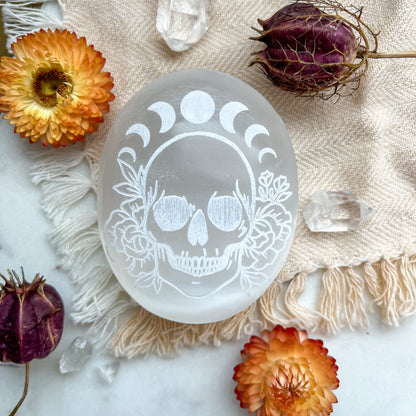 "Floral Skull" Halloween Spooky Etched Selenite Meditation Palm Stone