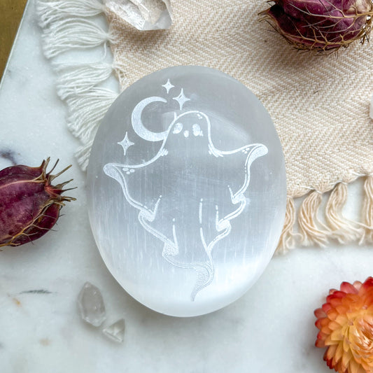 "BOO" Halloween Spooky Ghost Etched Selenite Meditation Palm Stone