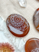 Carnelian Agate Worry Stone Etched with Various Mandalas