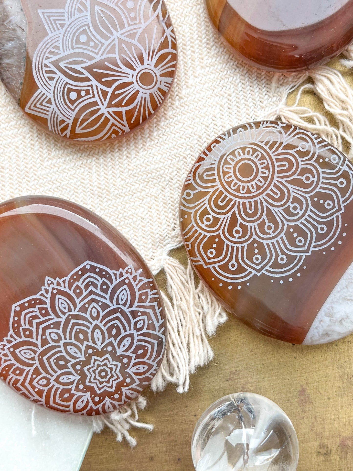 Carnelian Agate Worry Stone Etched with Various Mandalas - Fractalista Designs