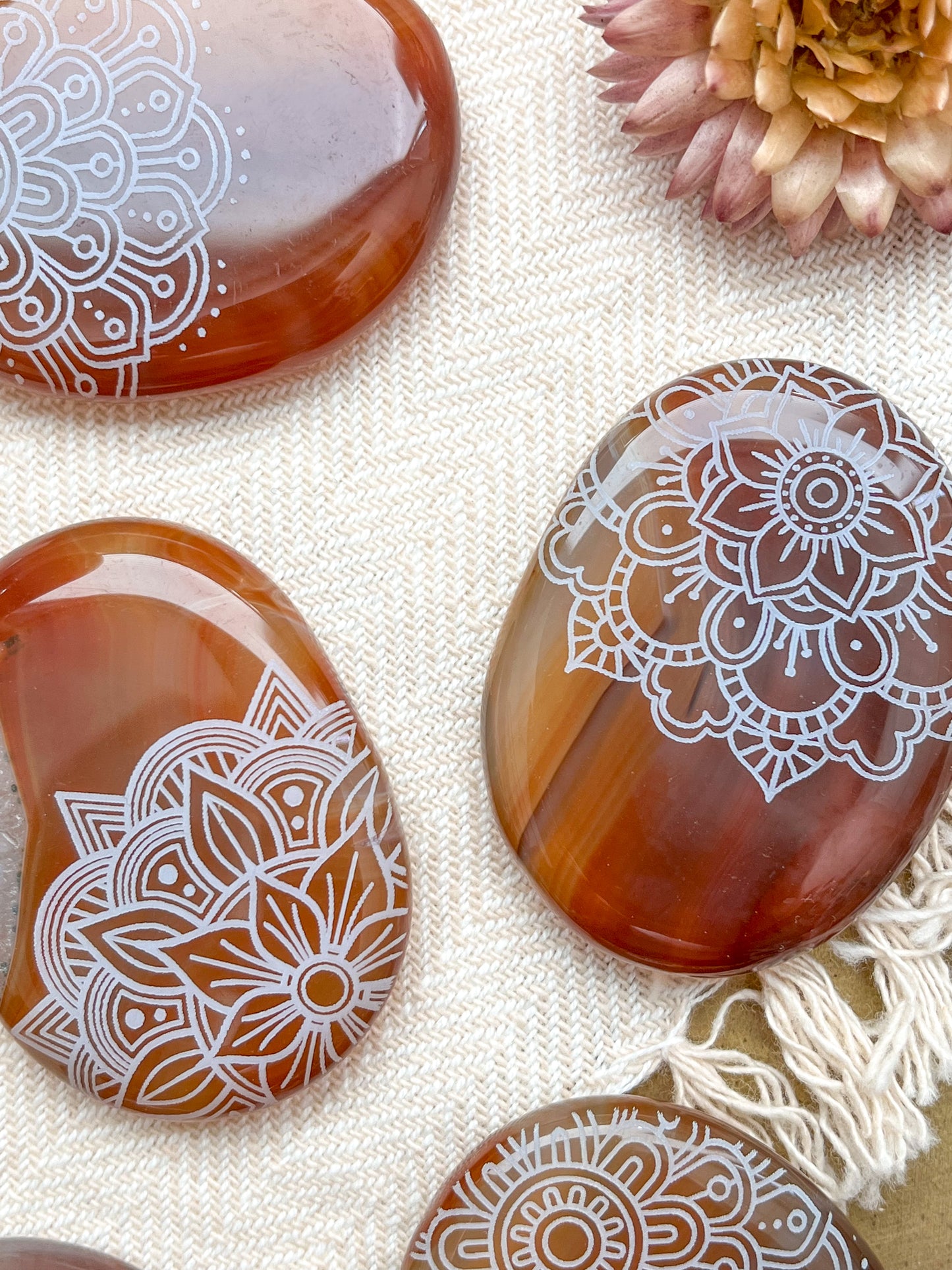 Carnelian Agate Worry Stone Etched with Various Mandalas - Fractalista Designs