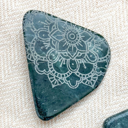 Dark Green Nephrite Jade Pocket Stone Etched with Mandala