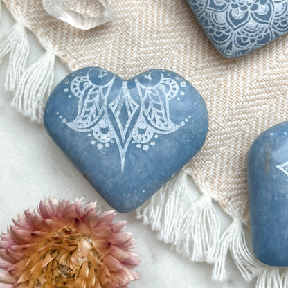 Soothing Angelite Heart Palmstone Etched with Mandala