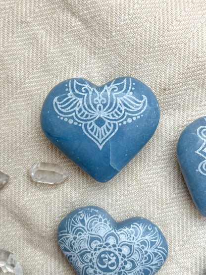 Soothing Angelite Heart Palmstone Etched with Mandala