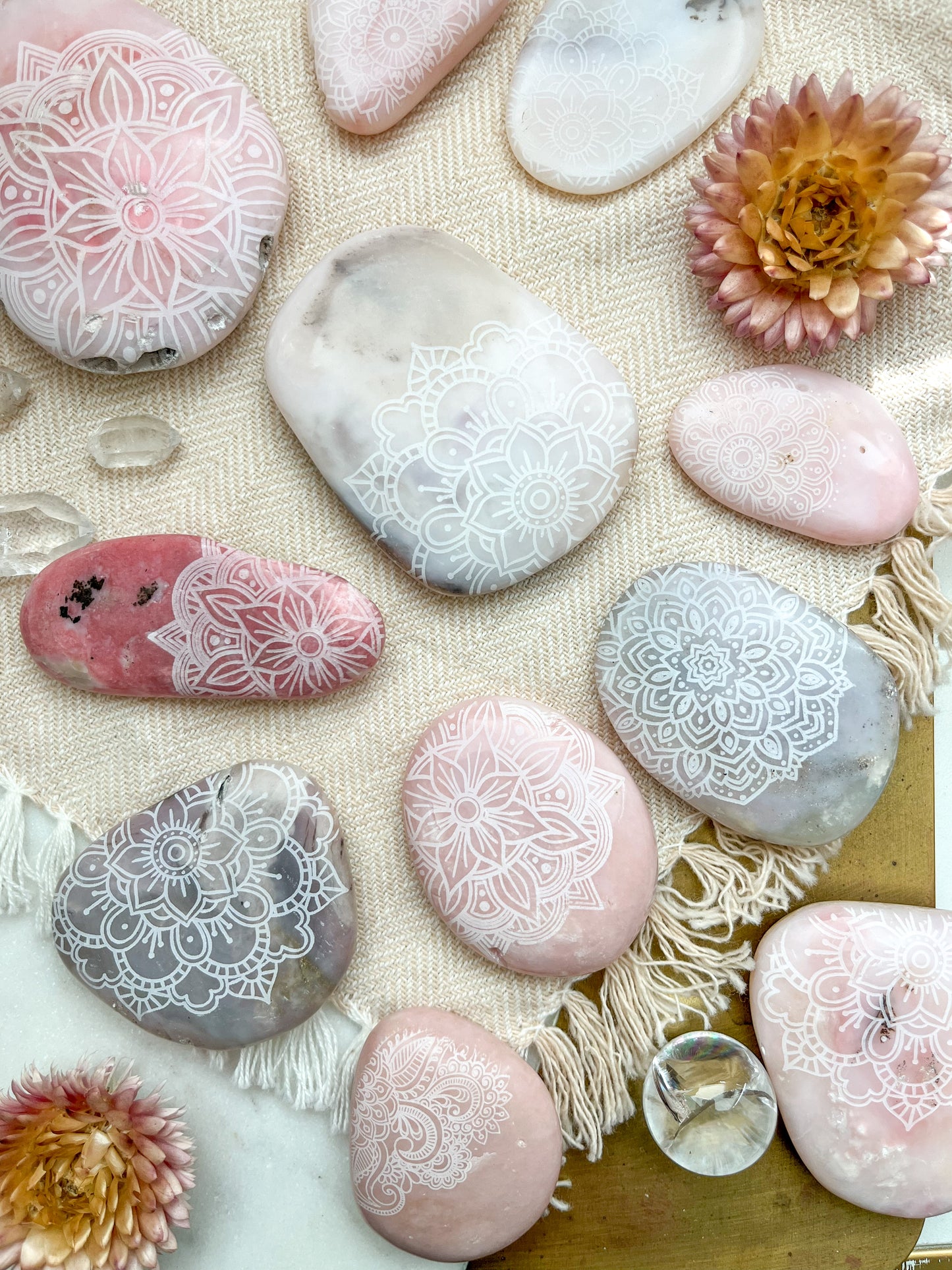 Heart Healing Pink Opal Palmstone Etched with Mandala