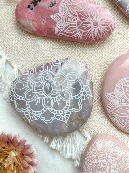Heart Healing Pink Opal Palmstone Etched with Mandala