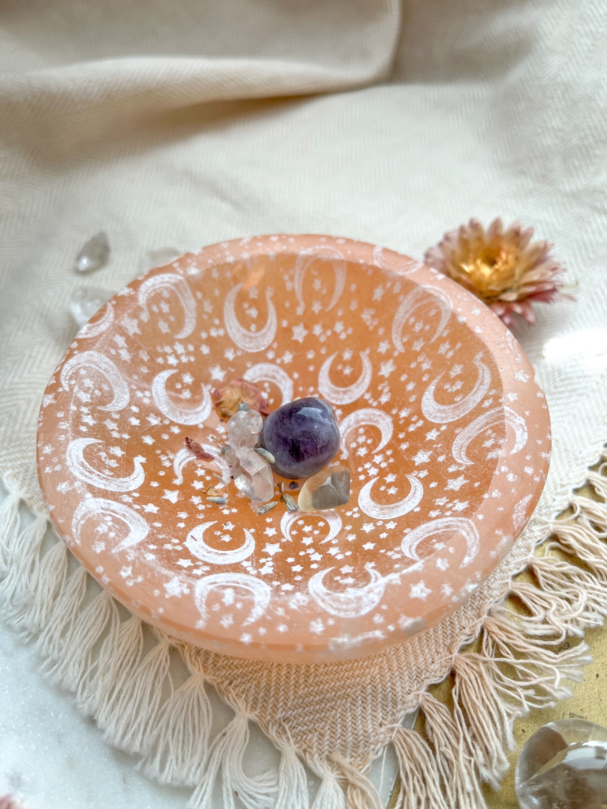 Round Peach Selenite Offering Bowls Jewelry Dish Trinket Dish - Fractalista Designs
