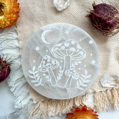 "Magic Mushrooms" PEACH or WHITE Selenite Crystal Disk Home Decor