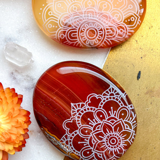 Carnelian Agate Worry Stone Etched with Various Mandalas