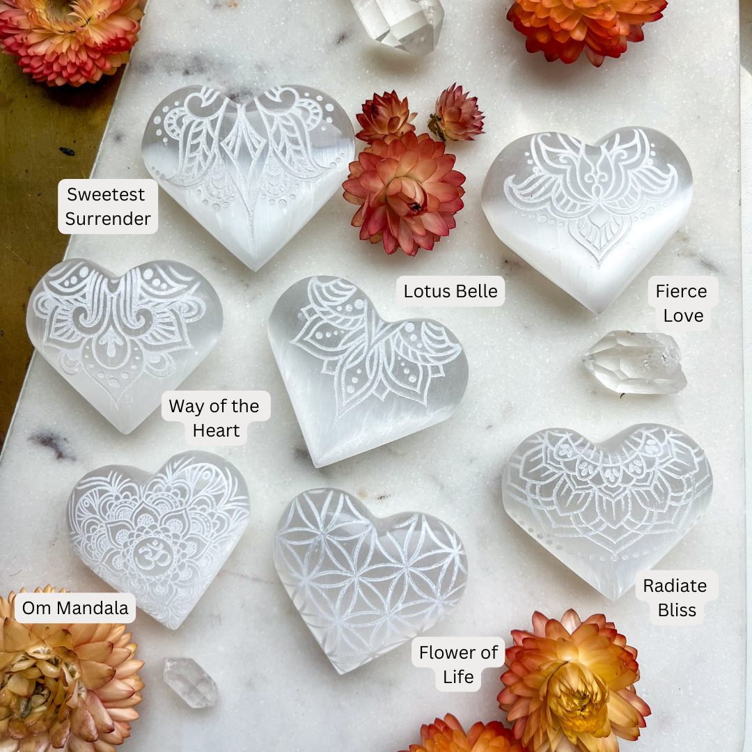 Reiki-Charged Engraved White or Peach Selenite Heart Palm Stone *Buy 3 Get 1 Free + BONUS Meditation*