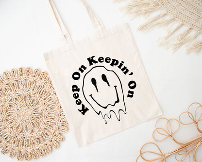 Keep on Keeping On Melting Smiley Face Canvas Tote Bag