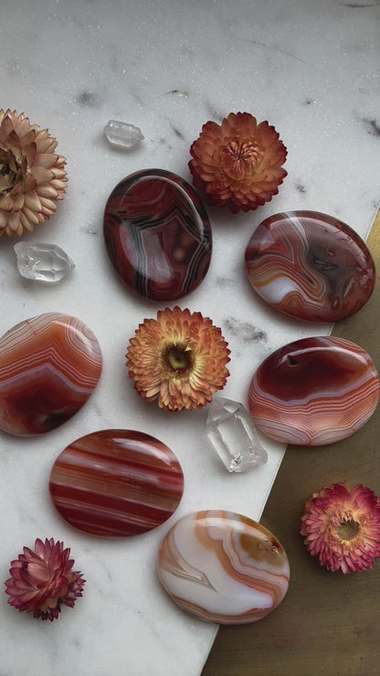 Carnelian Agate Worry Stone Etched with Various Mandalas