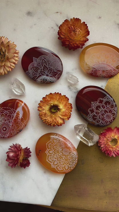 Carnelian Agate Worry Stone Etched with Various Mandalas